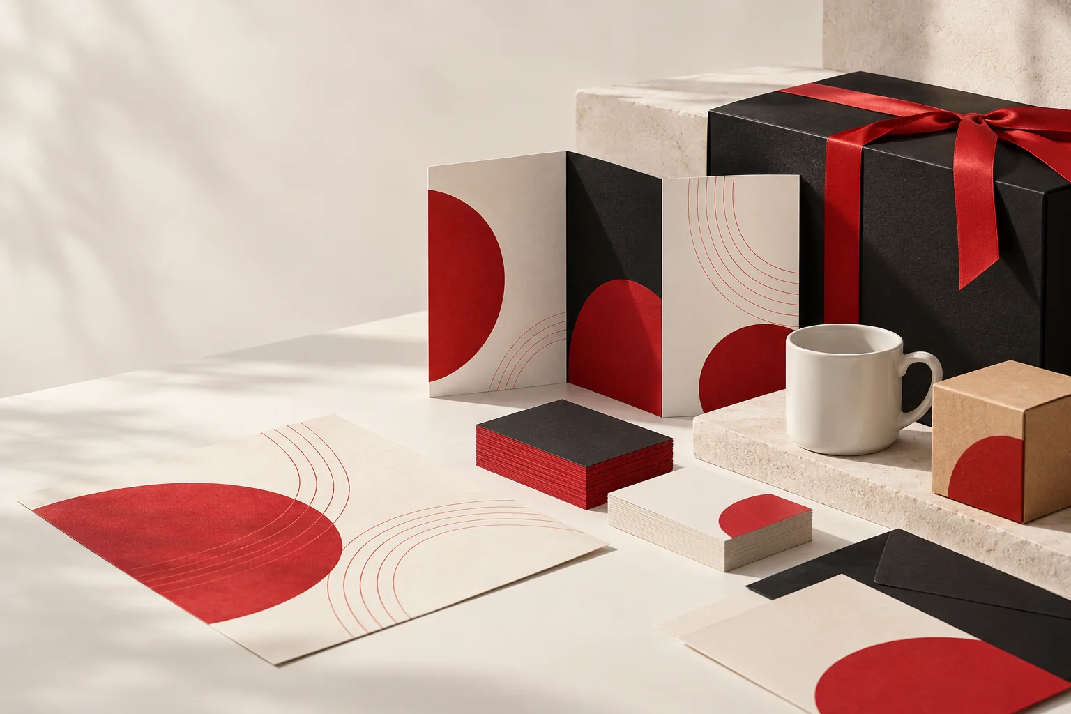 Composición ilustrativa de papelería y empaques en rojo, negro y blanco