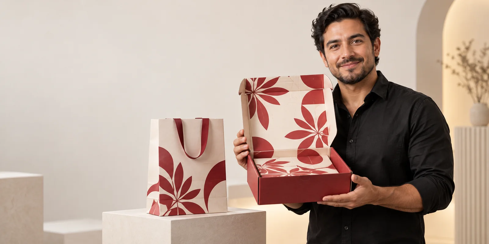 Imagen ilustrativa de una persona latina mostrando una caja personalizada