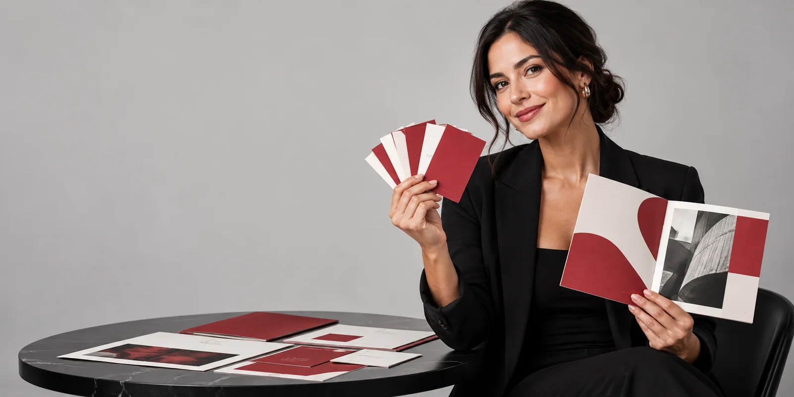 Imagen ilustrativa de una persona latina mostrando tarjetas y un folleto