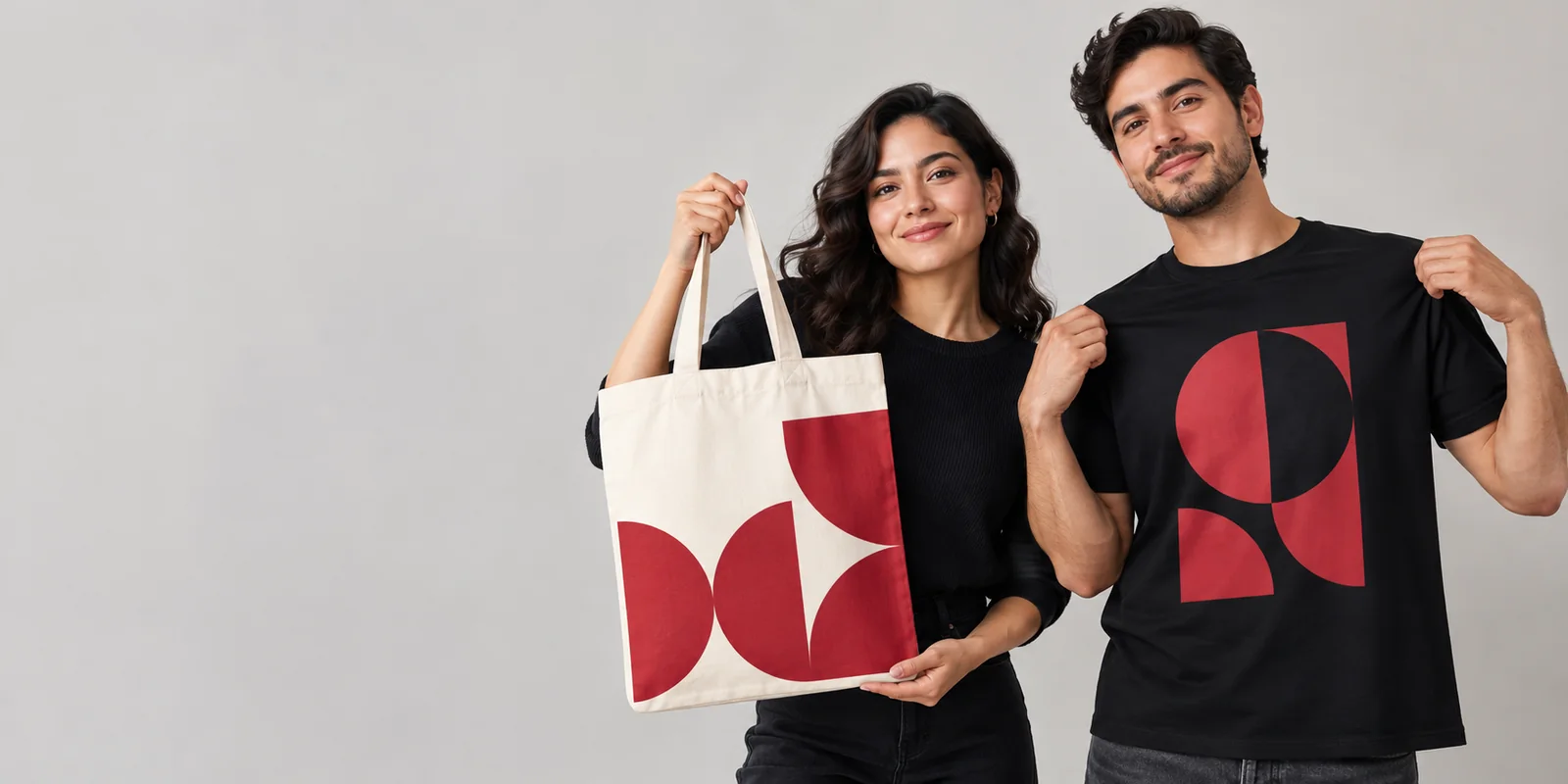 Imagen ilustrativa de personas latinas mostrando una playera y una bolsa impresa